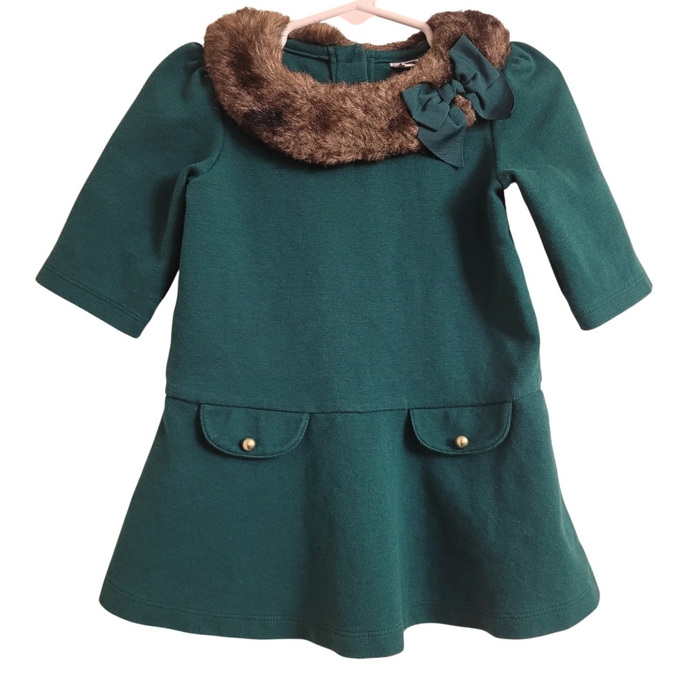 Janie and Jack Kids Girls Hunter Green Faux Fur‎ Collar Dress 12-18 Months